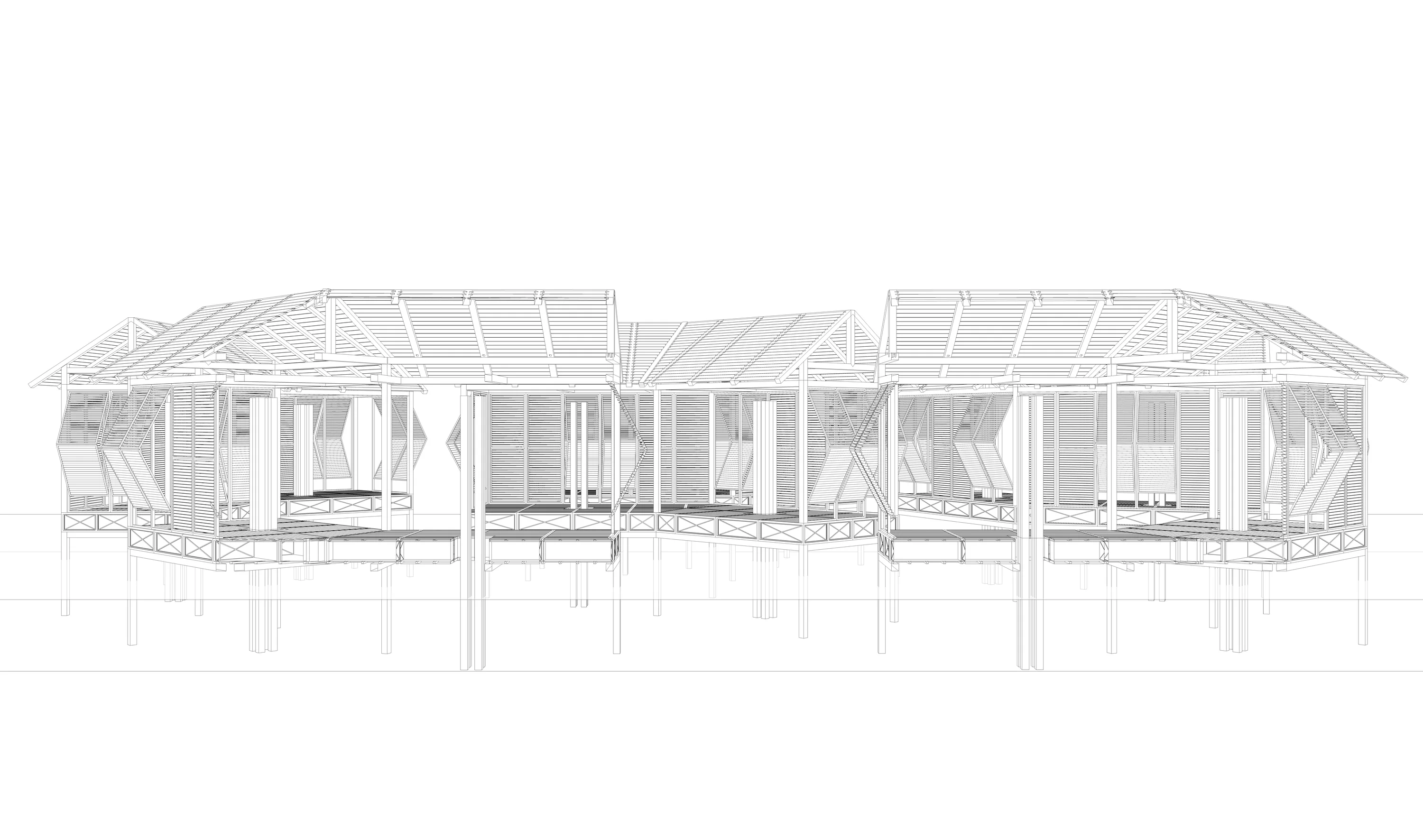 Élévation filaire et structurelle sur pilotis du projet HALF ABOVE THE SEA