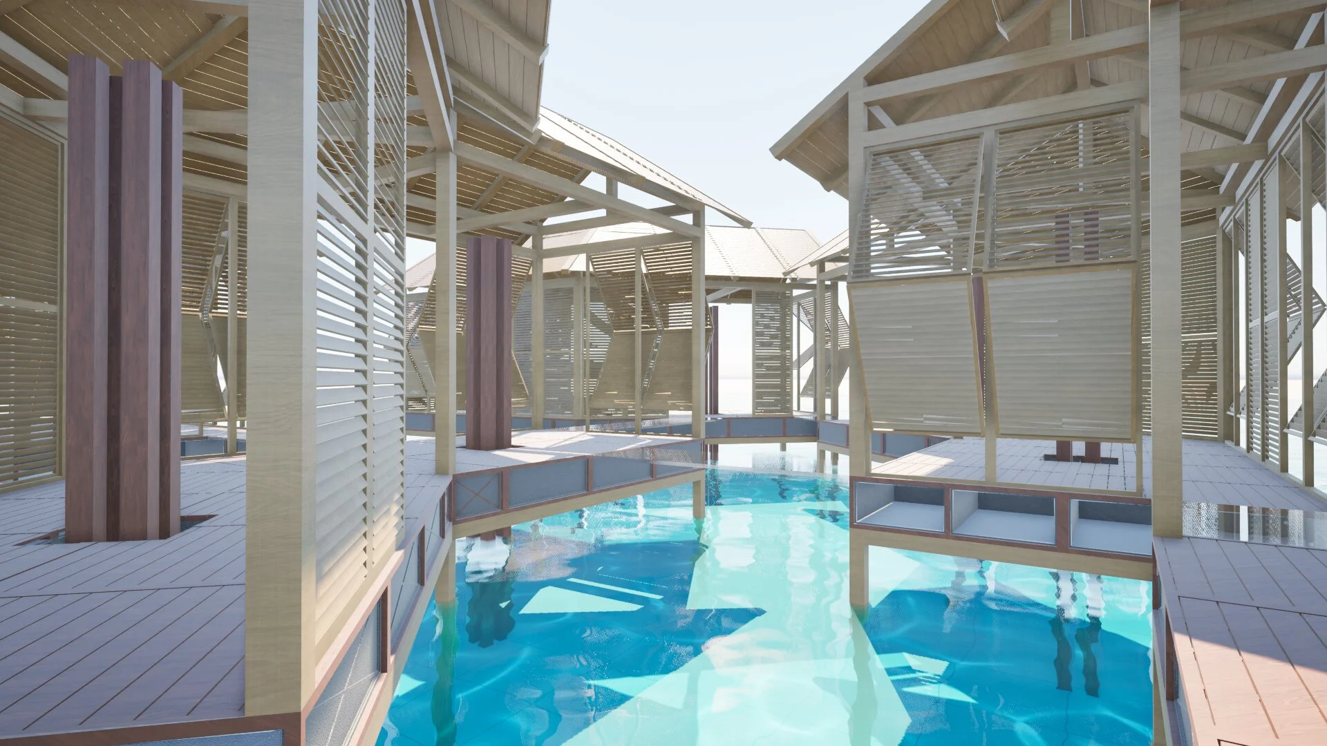 Passerelle intérieure en bois reliant les pavillons au-dessus de l'eau translucide